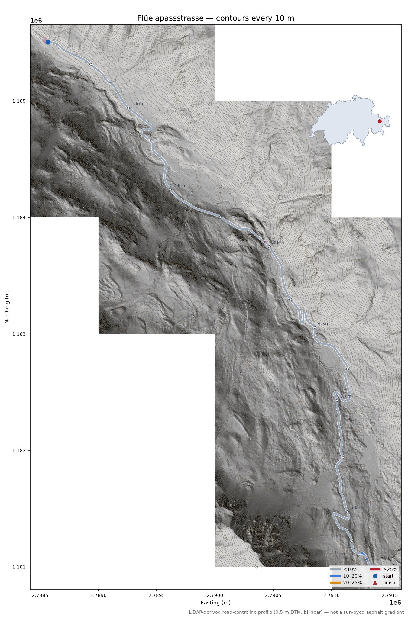 Flüelapassstrasse LiDAR hillshade map with contours
