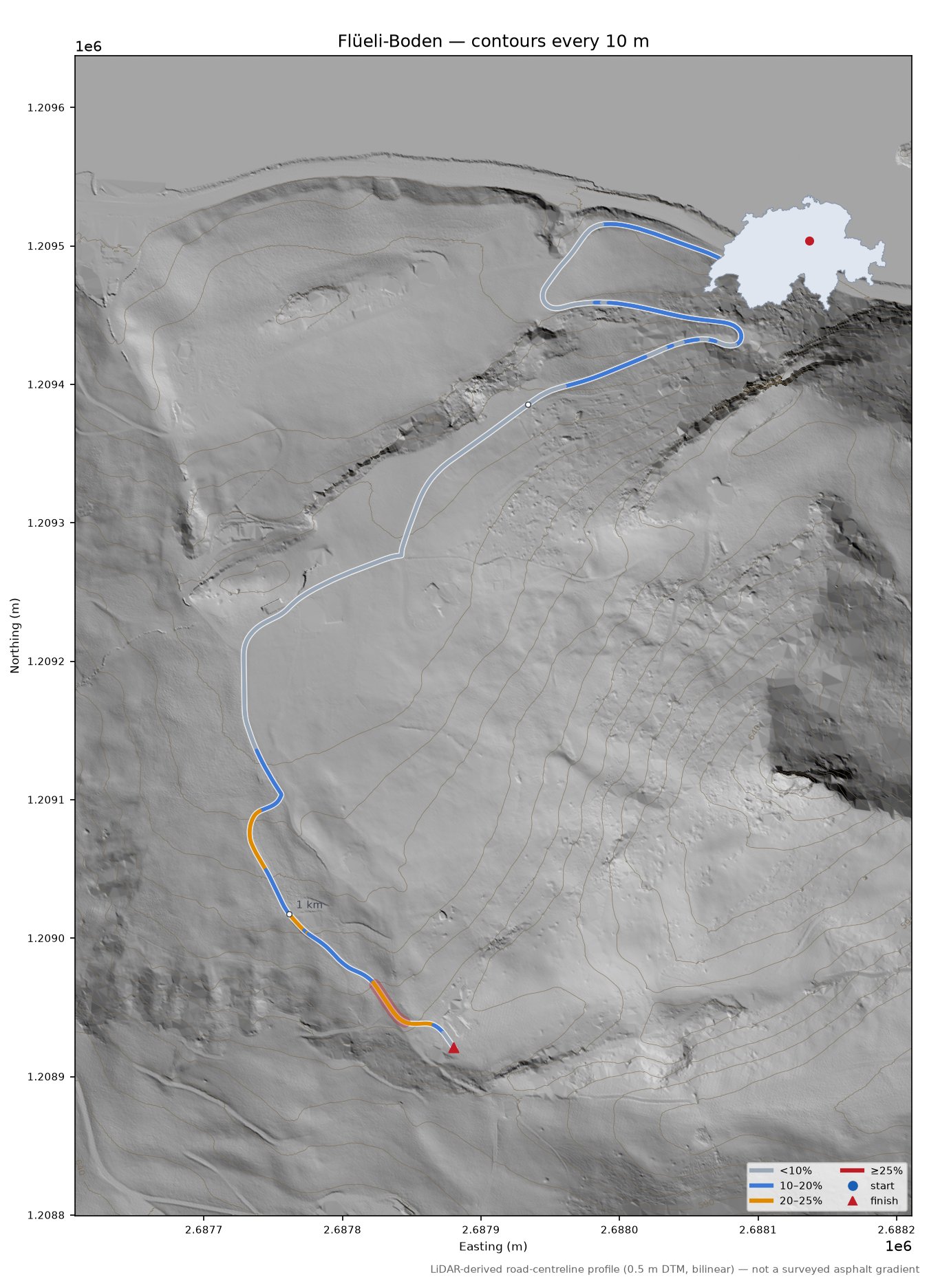 Flüeli-Boden LiDAR hillshade map with contours