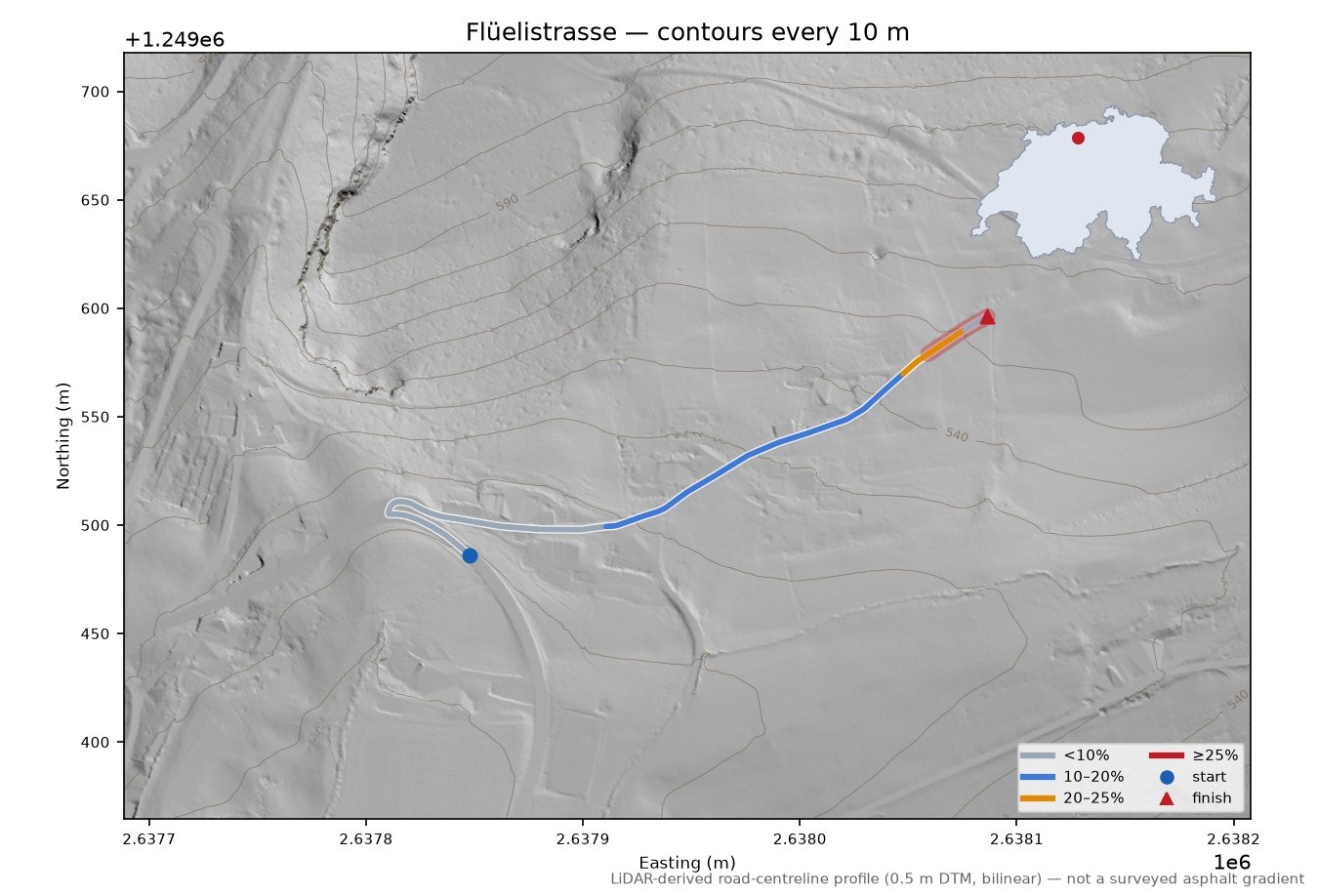Flüelistrasse LiDAR hillshade map with contours