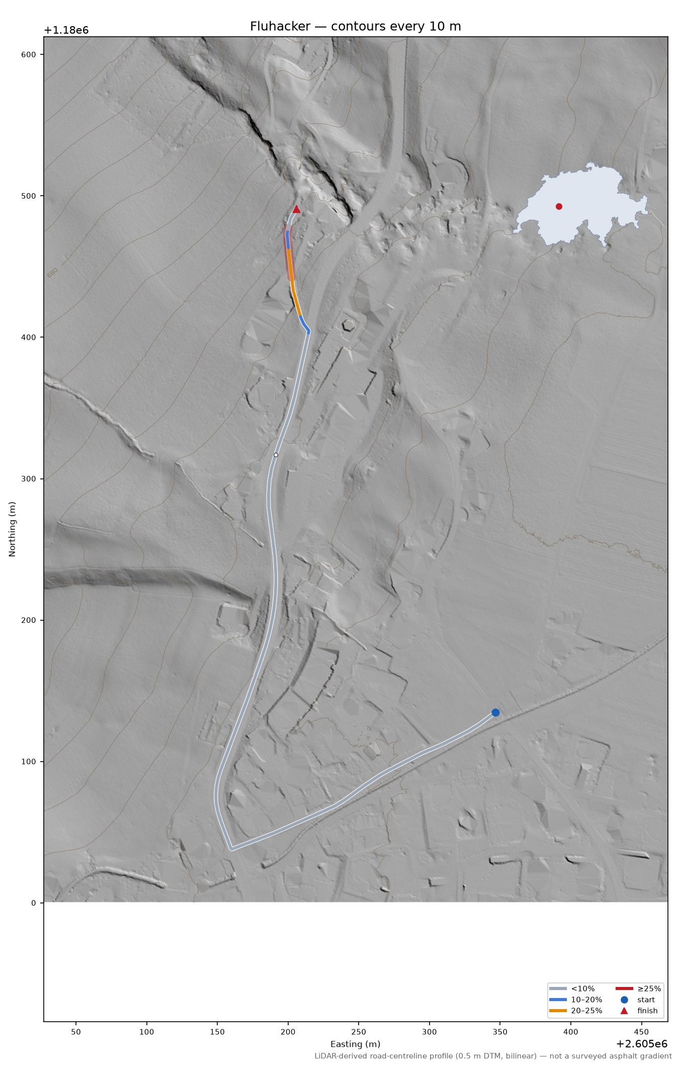 Fluhacker LiDAR hillshade map with contours