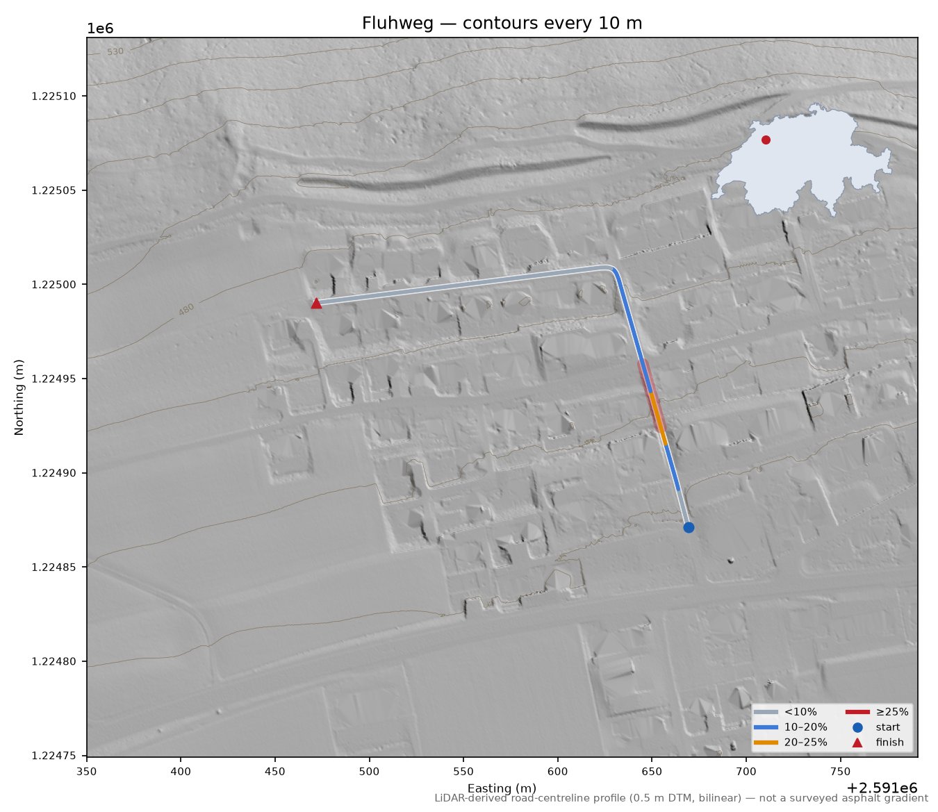 Fluhweg LiDAR hillshade map with contours