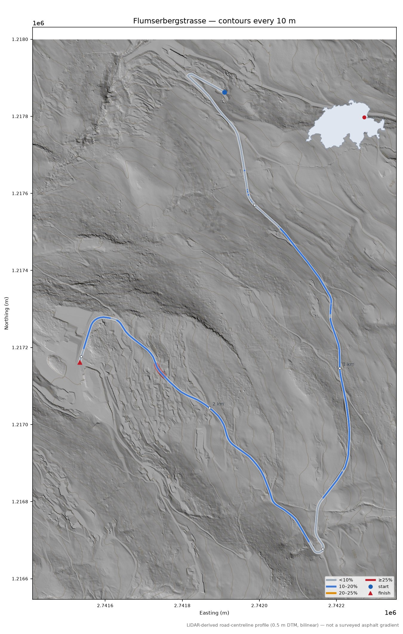 Flumserbergstrasse LiDAR hillshade map with contours