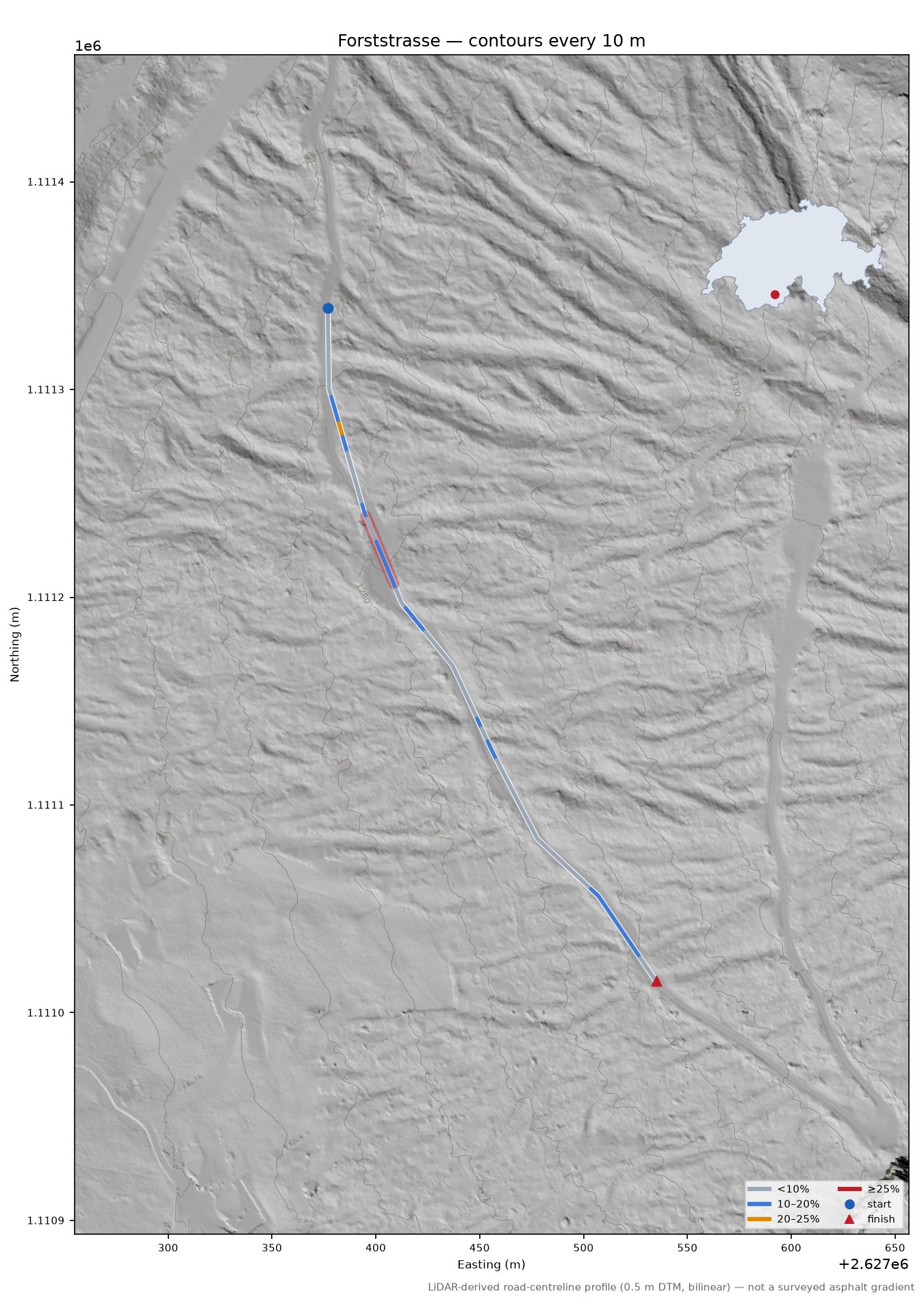 Forststrasse LiDAR hillshade map with contours