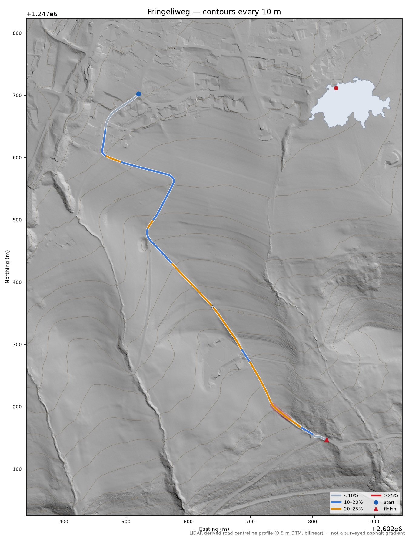Fringeliweg LiDAR hillshade map with contours