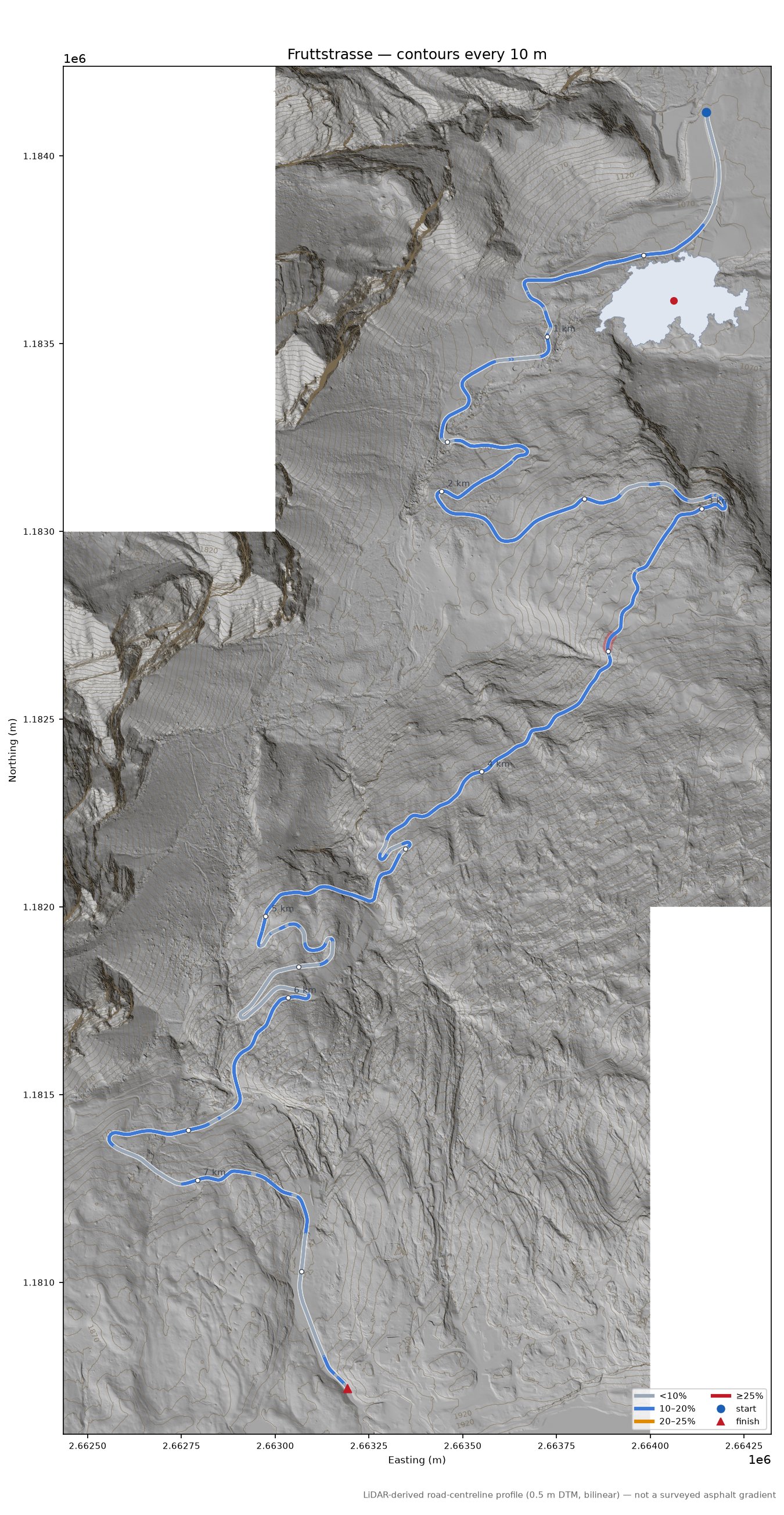 Fruttstrasse LiDAR hillshade map with contours