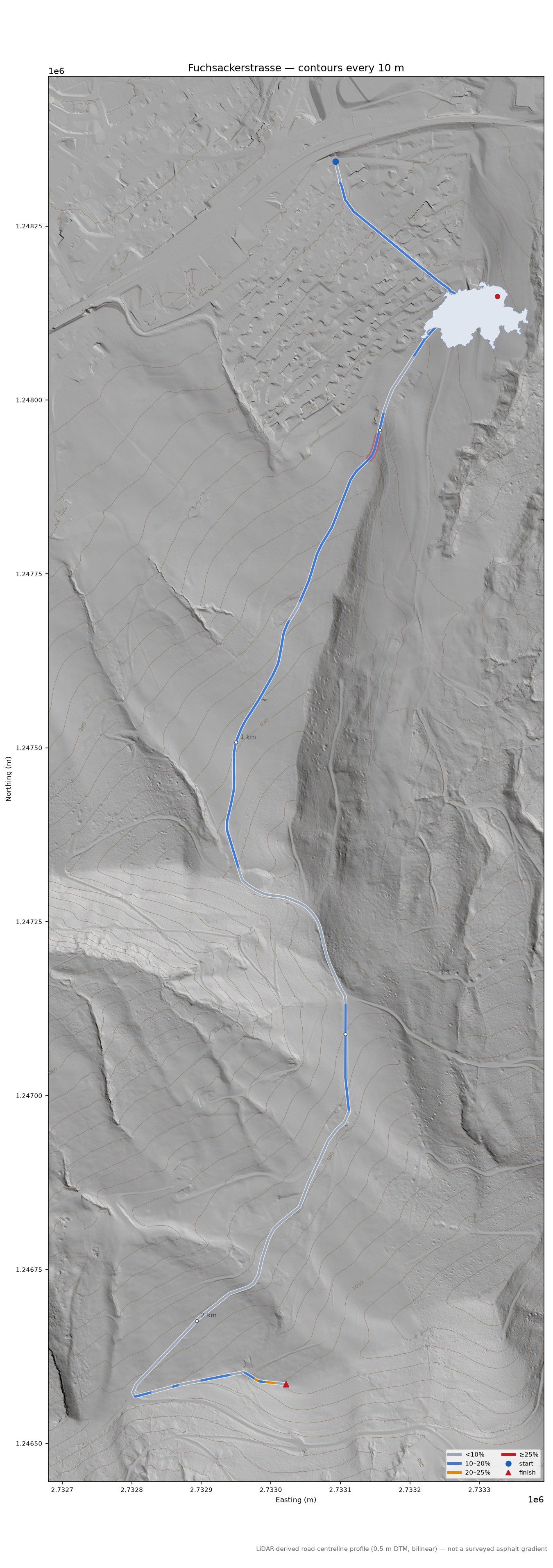 Fuchsackerstrasse LiDAR hillshade map with contours