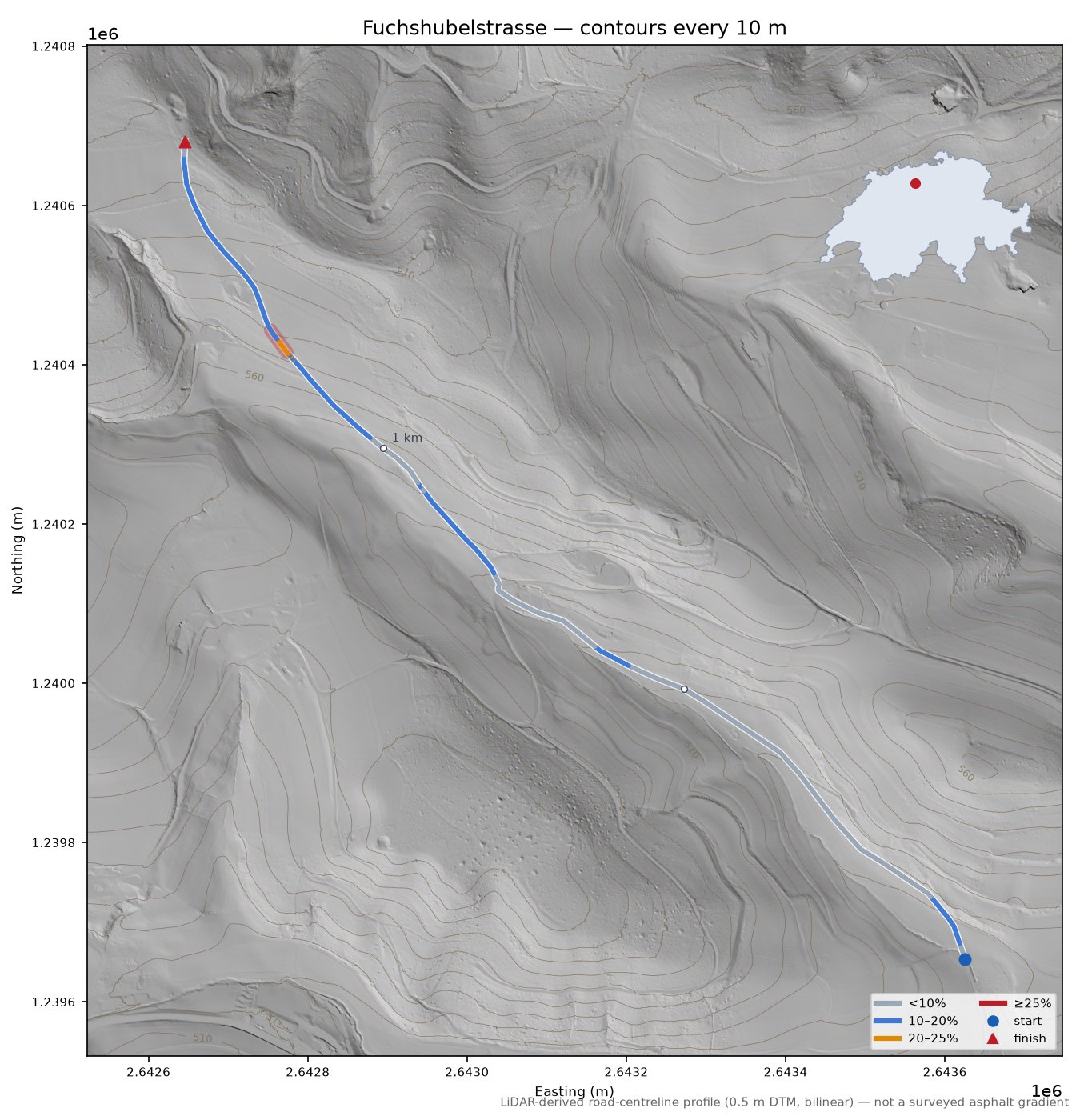 Fuchshubelstrasse LiDAR hillshade map with contours