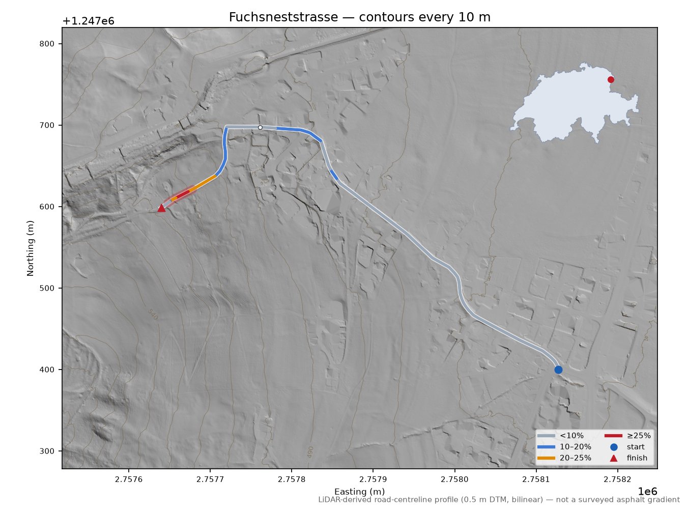 Fuchsneststrasse LiDAR hillshade map with contours