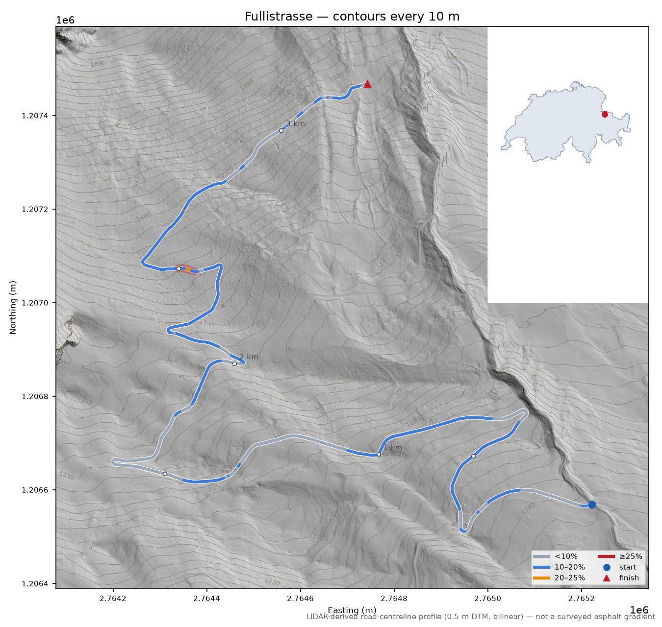 Fullistrasse LiDAR hillshade map with contours