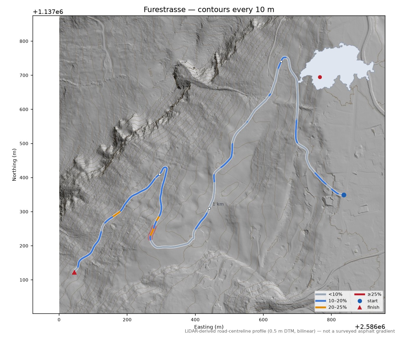 Furestrasse LiDAR hillshade map with contours
