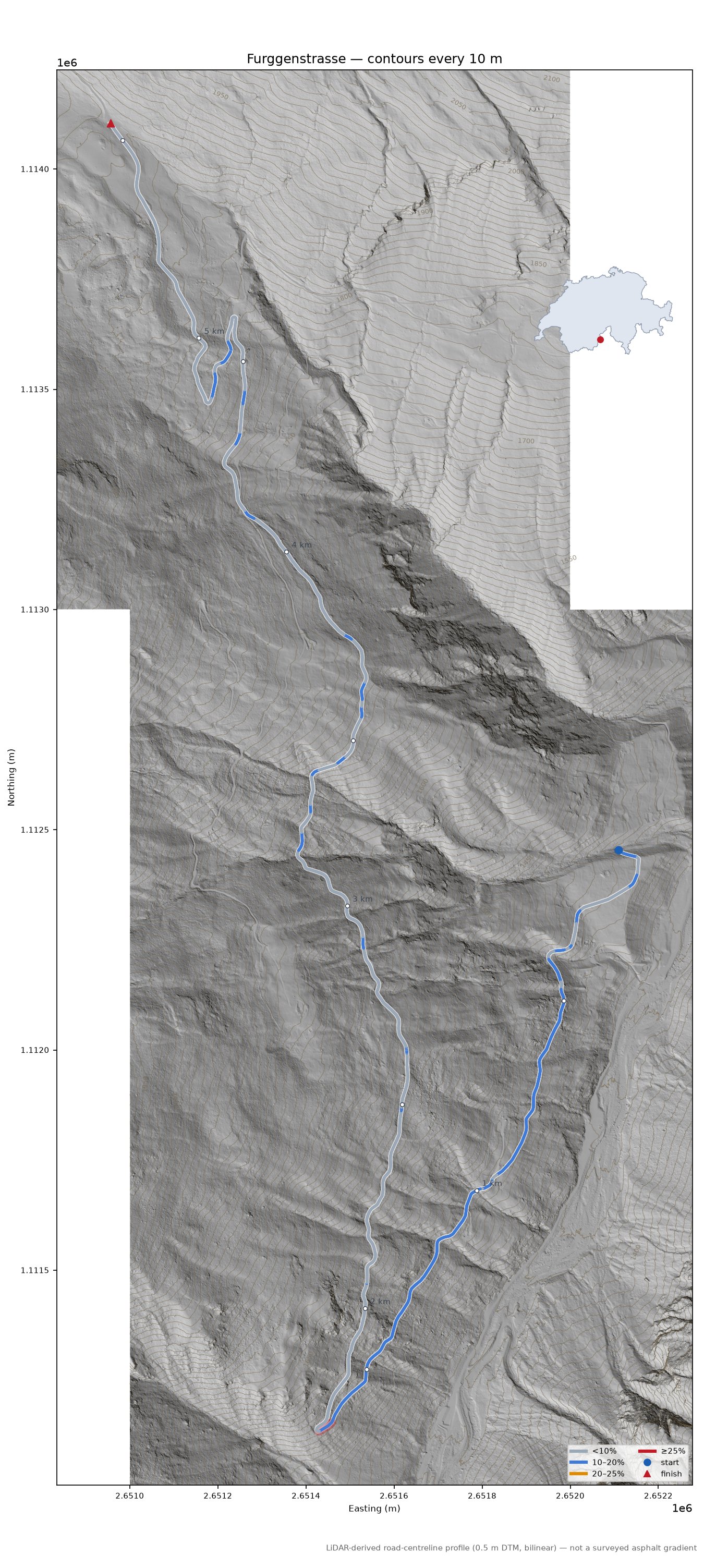 Furggenstrasse LiDAR hillshade map with contours