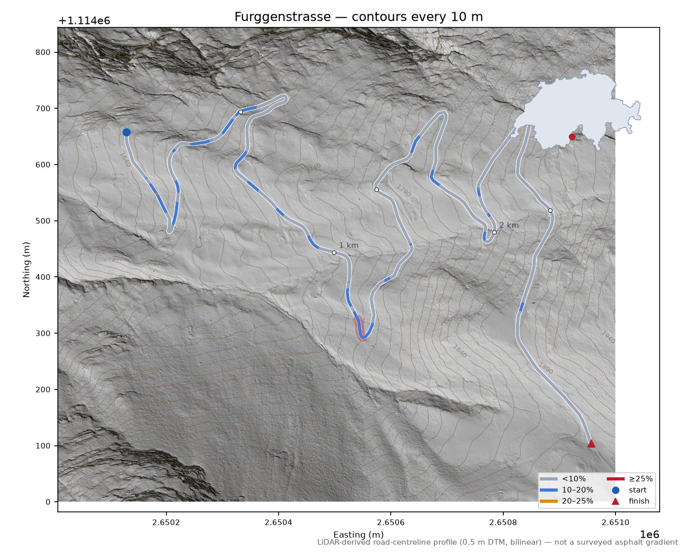 Furggenstrasse LiDAR hillshade map with contours