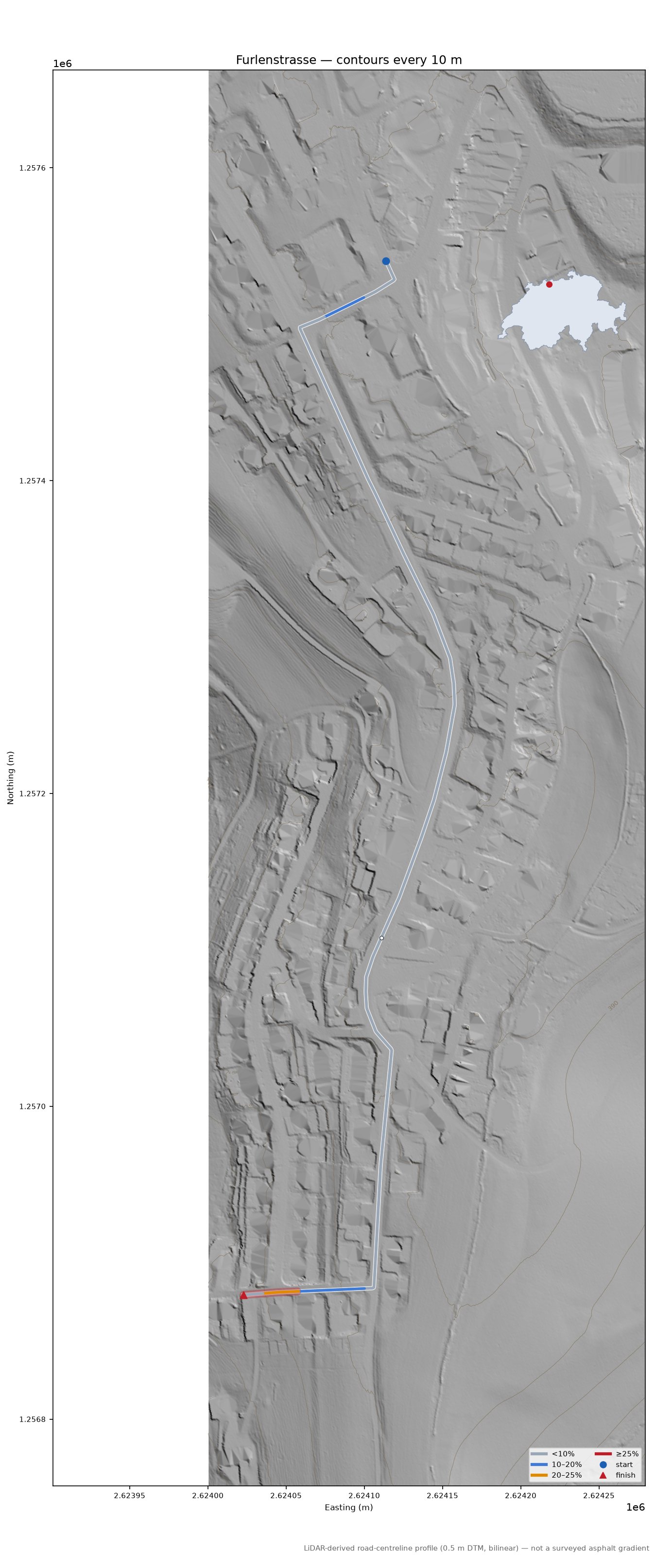 Furlenstrasse LiDAR hillshade map with contours