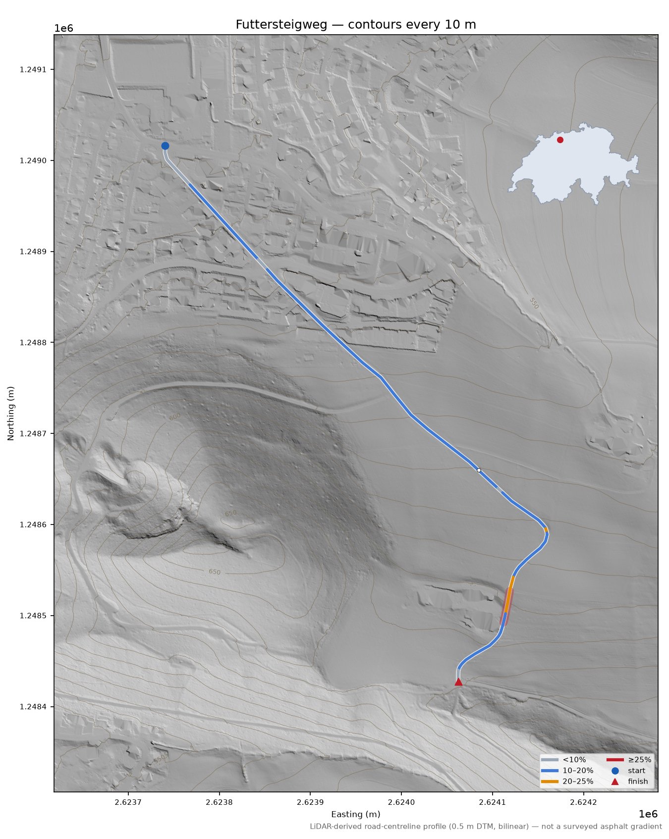 Futtersteigweg LiDAR hillshade map with contours