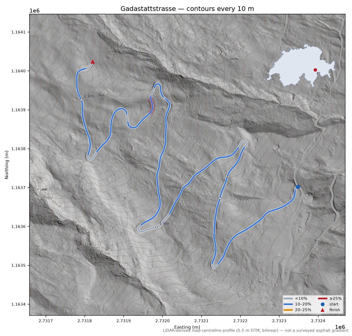 Gadastattstrasse LiDAR hillshade map with contours