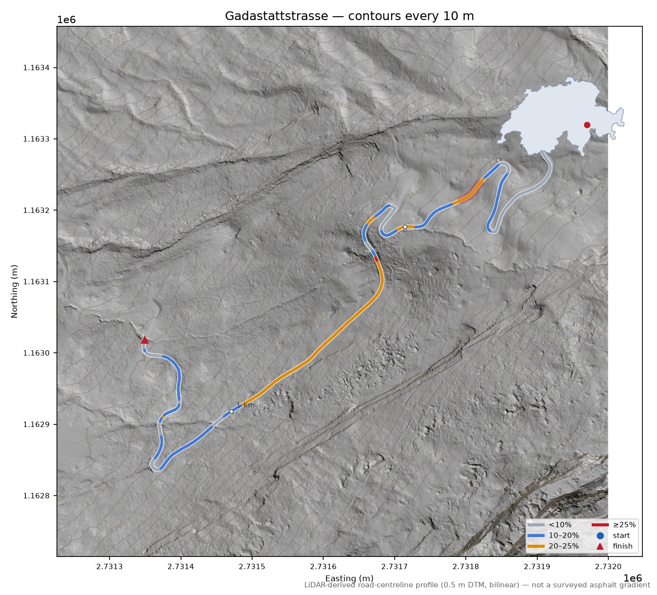 Gadastattstrasse LiDAR hillshade map with contours