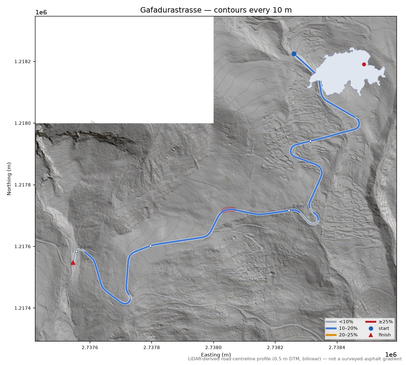 Gafadurastrasse LiDAR hillshade map with contours