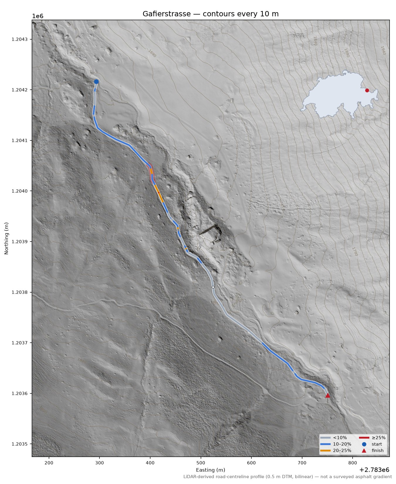 Gafierstrasse LiDAR hillshade map with contours