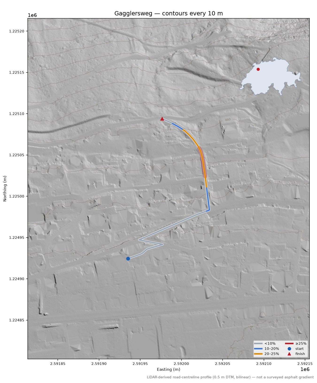 Gagglersweg LiDAR hillshade map with contours