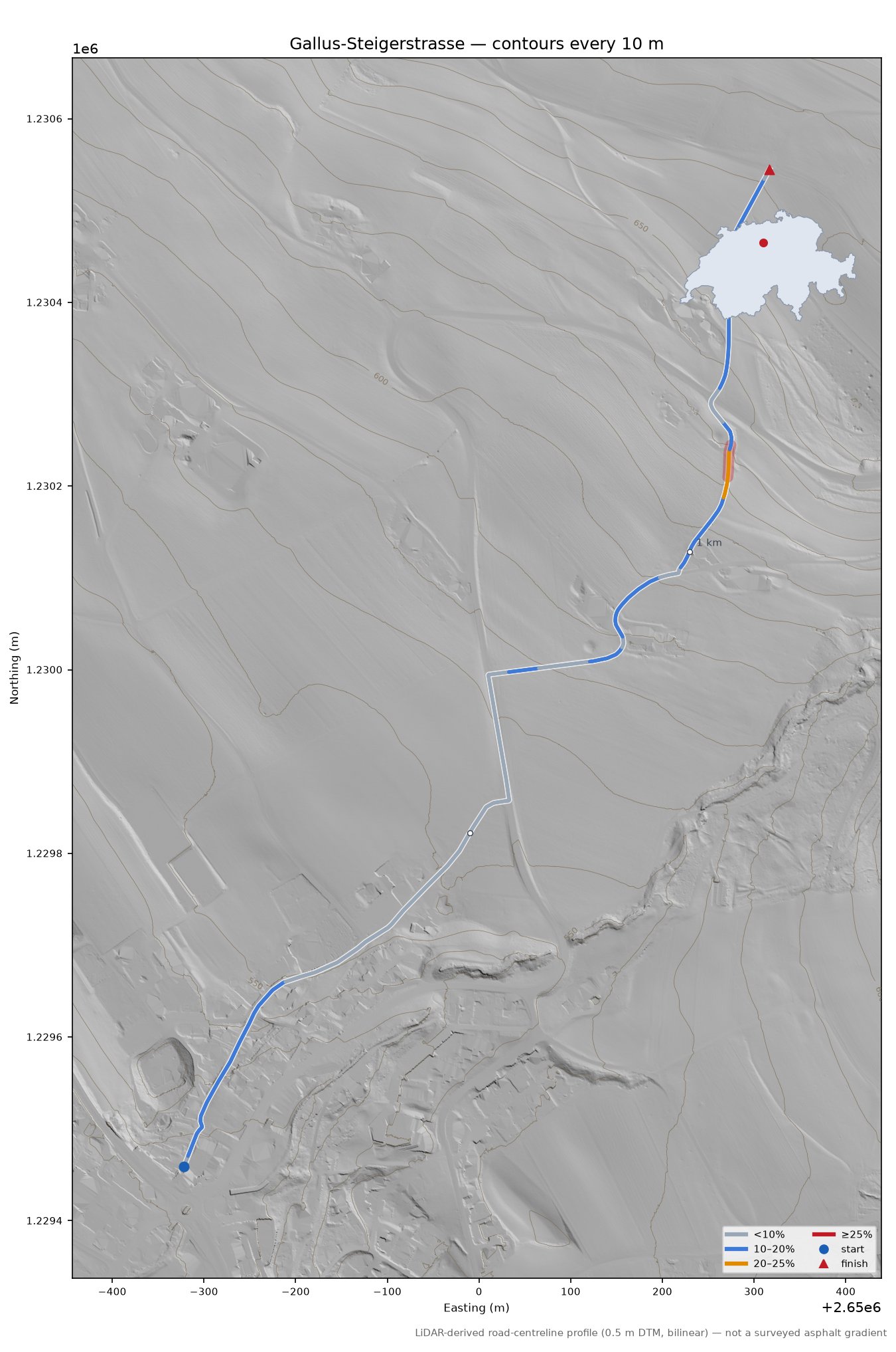 Gallus-Steigerstrasse LiDAR hillshade map with contours
