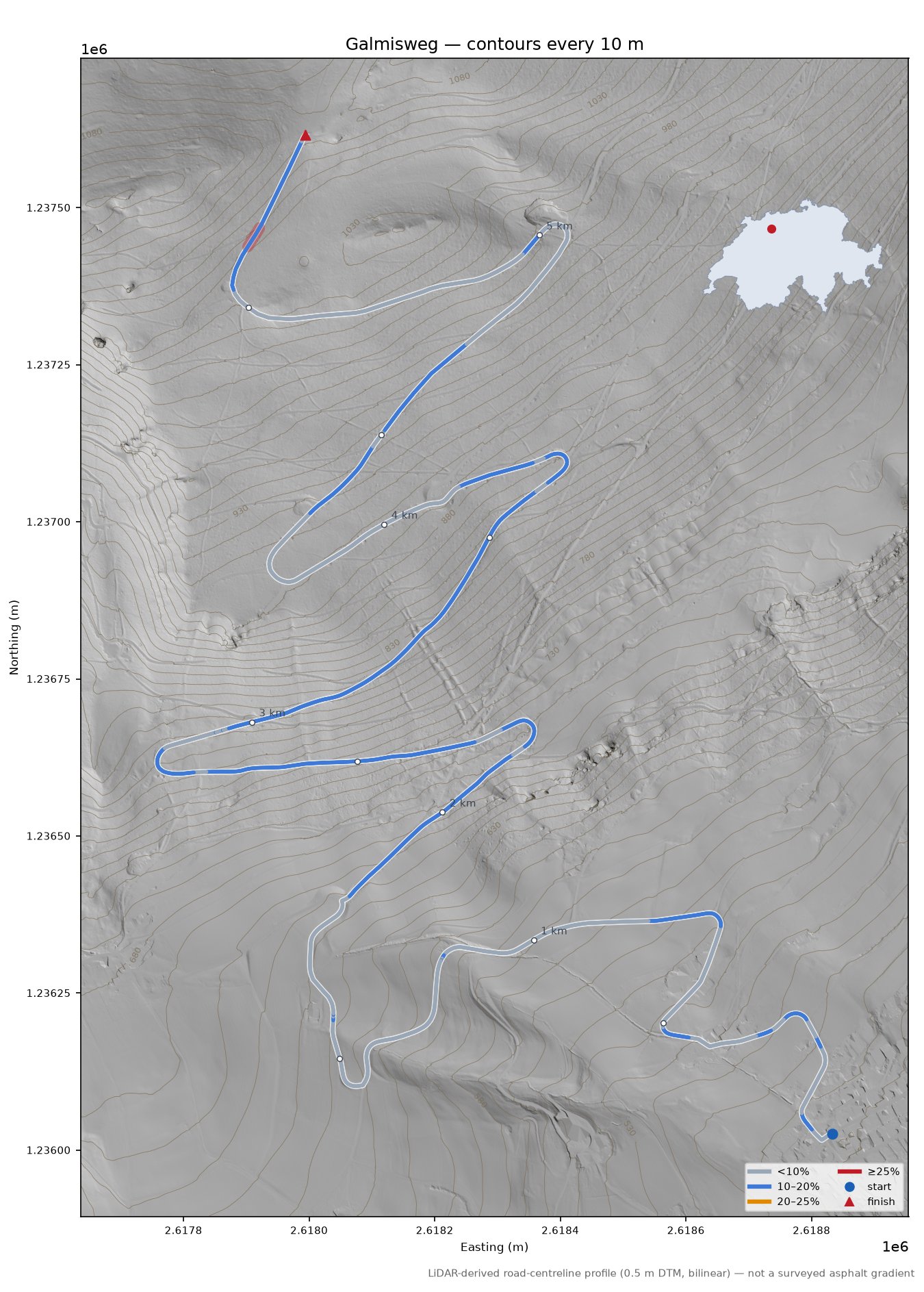 Galmisweg LiDAR hillshade map with contours