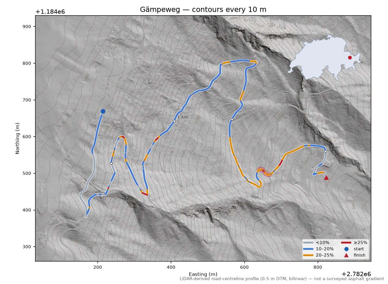 Gämpeweg LiDAR hillshade map with contours
