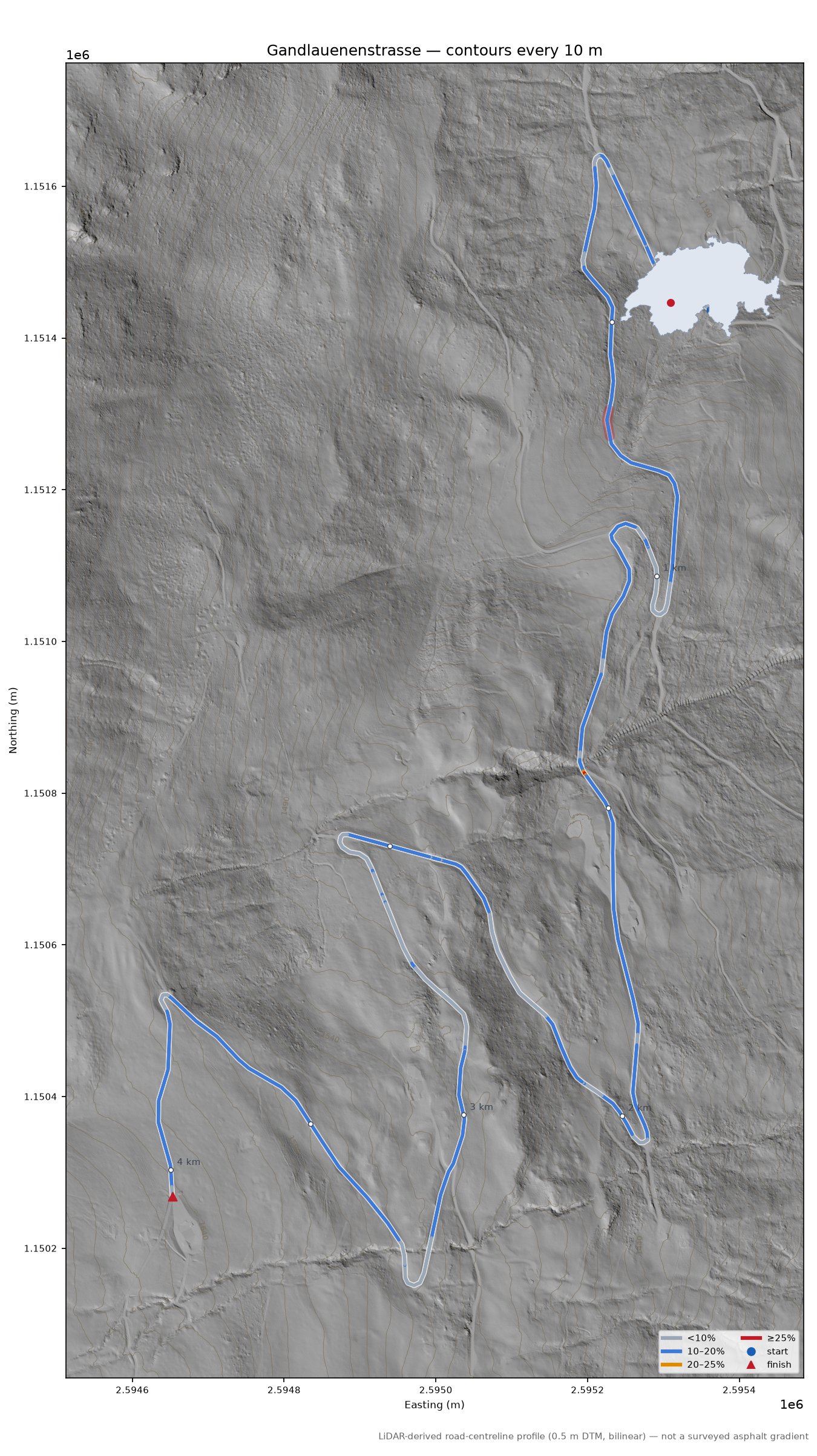 Gandlauenenstrasse LiDAR hillshade map with contours