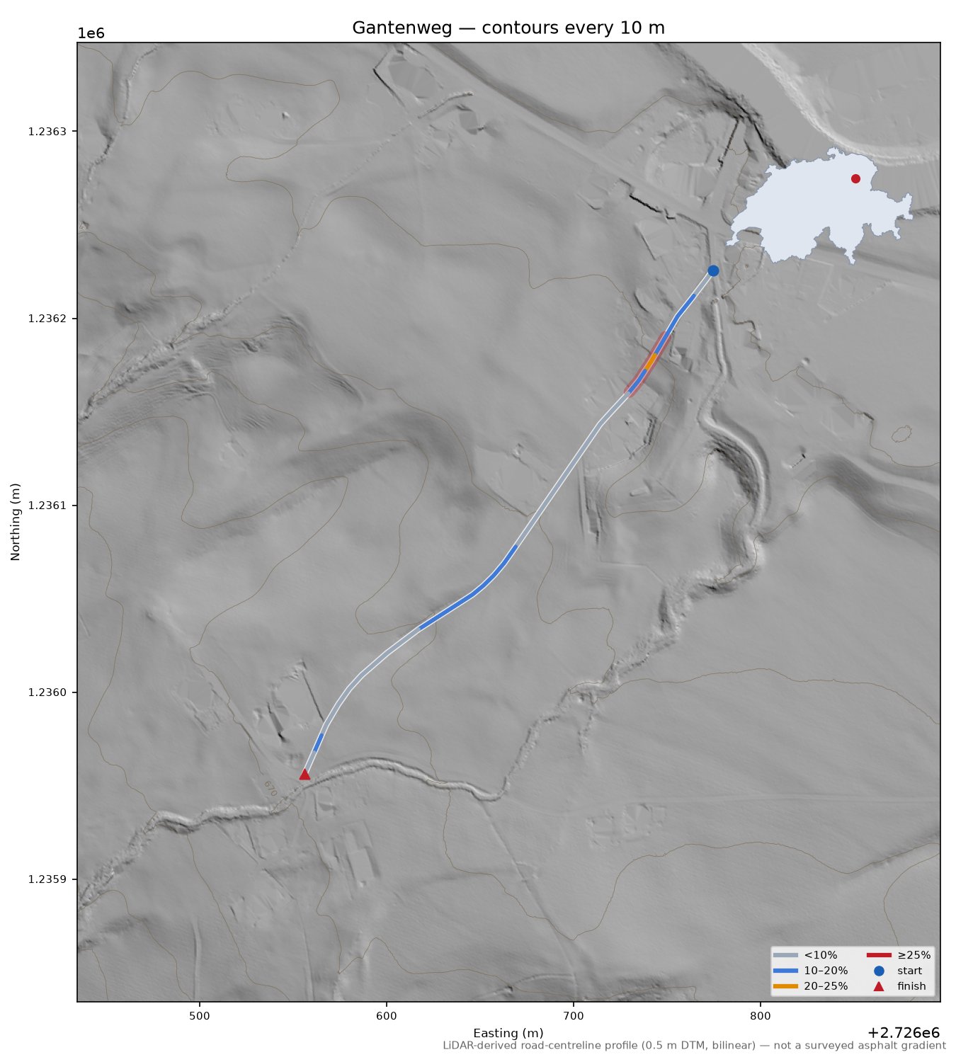 Gantenweg LiDAR hillshade map with contours