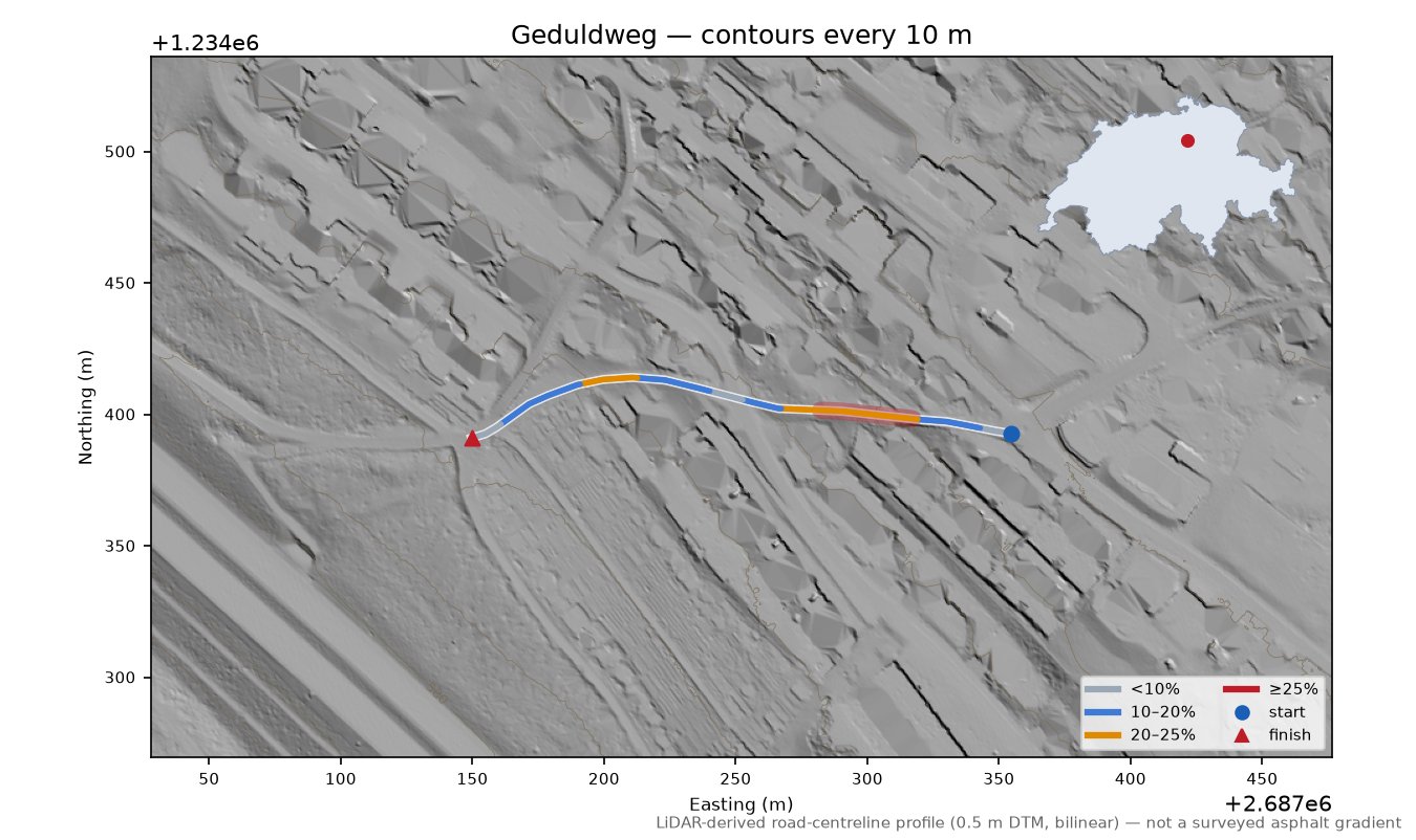 Geduldweg LiDAR hillshade map with contours