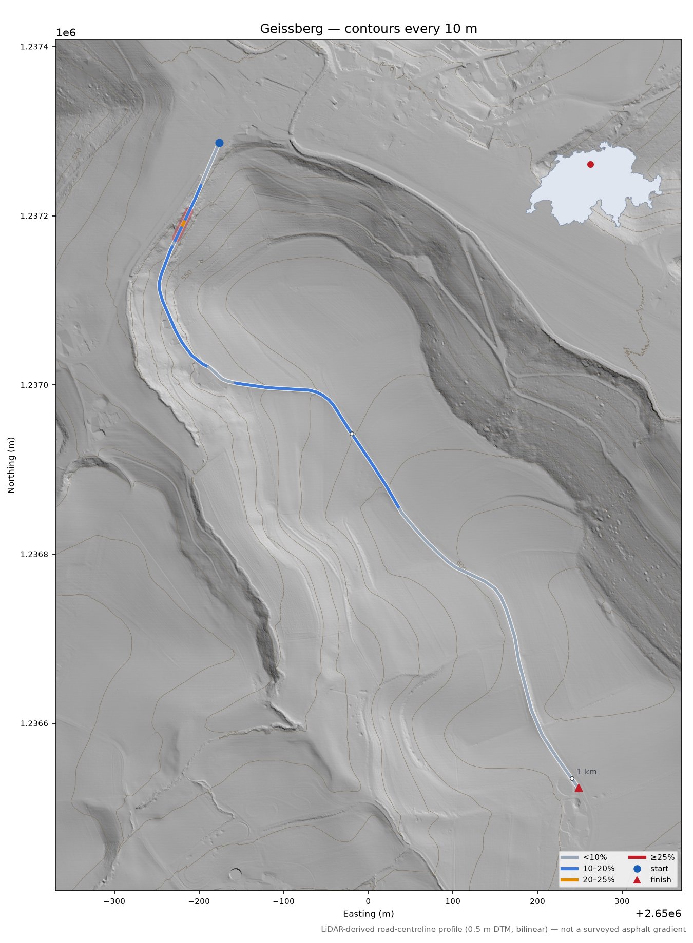 Geissberg LiDAR hillshade map with contours