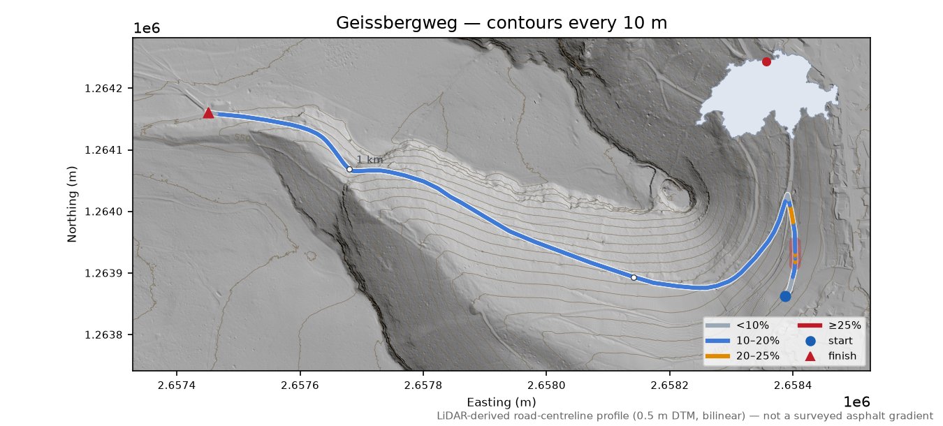 Geissbergweg LiDAR hillshade map with contours