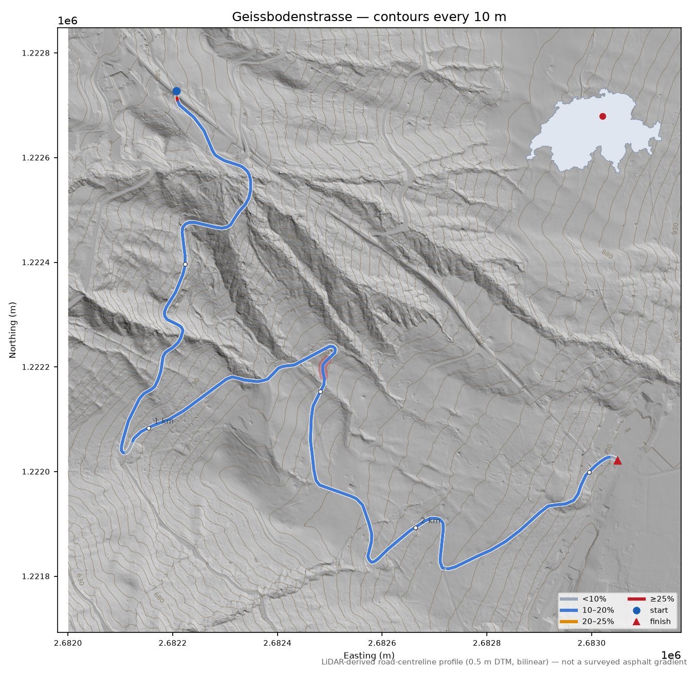 Geissbodenstrasse LiDAR hillshade map with contours