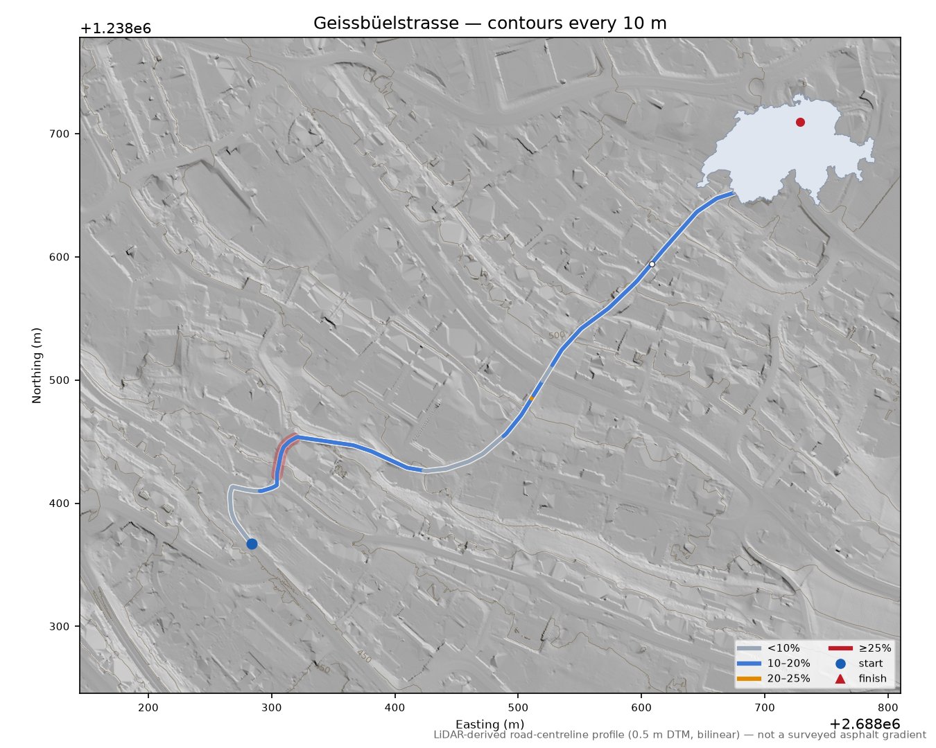 Geissbüelstrasse LiDAR hillshade map with contours