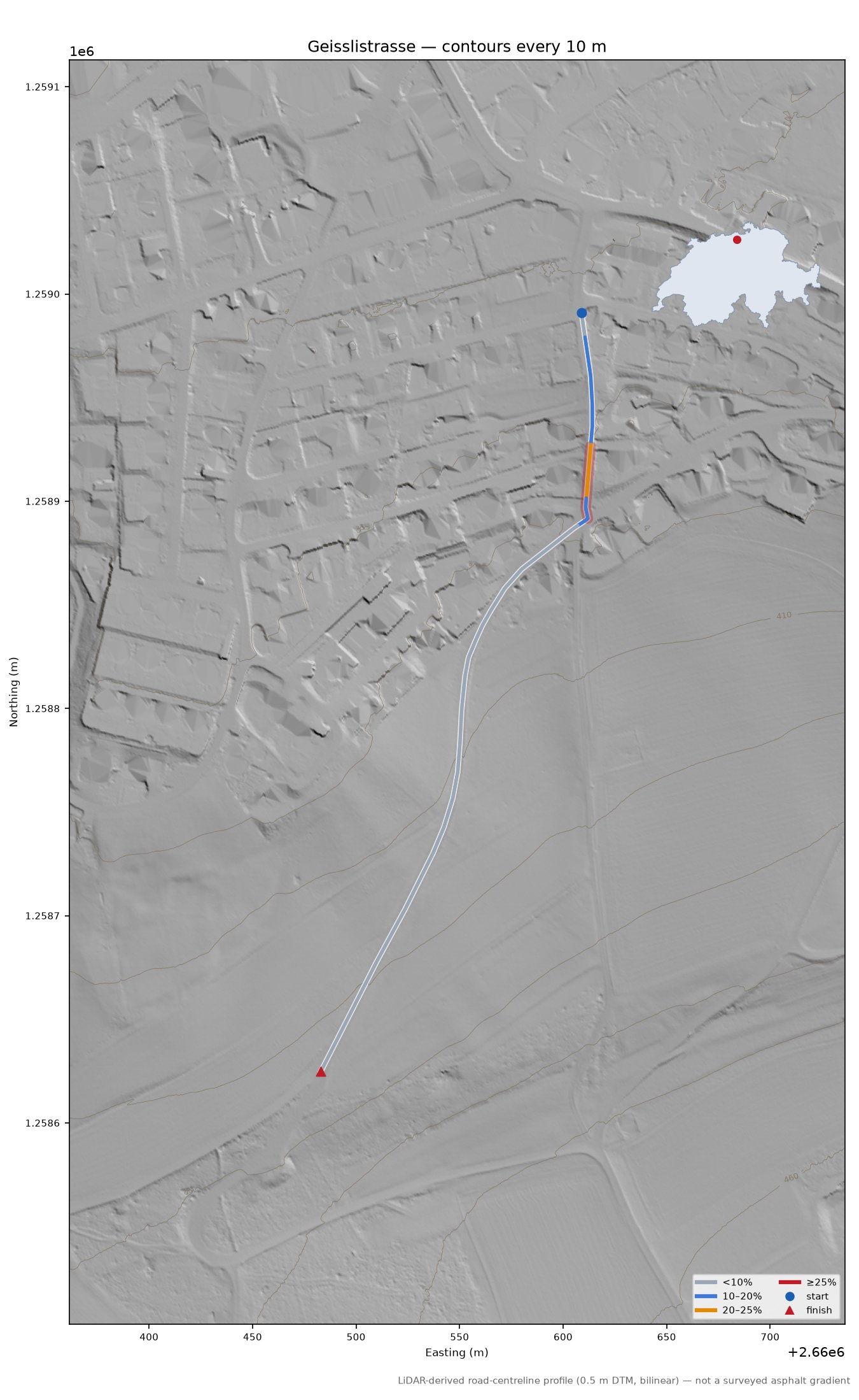 Geisslistrasse LiDAR hillshade map with contours