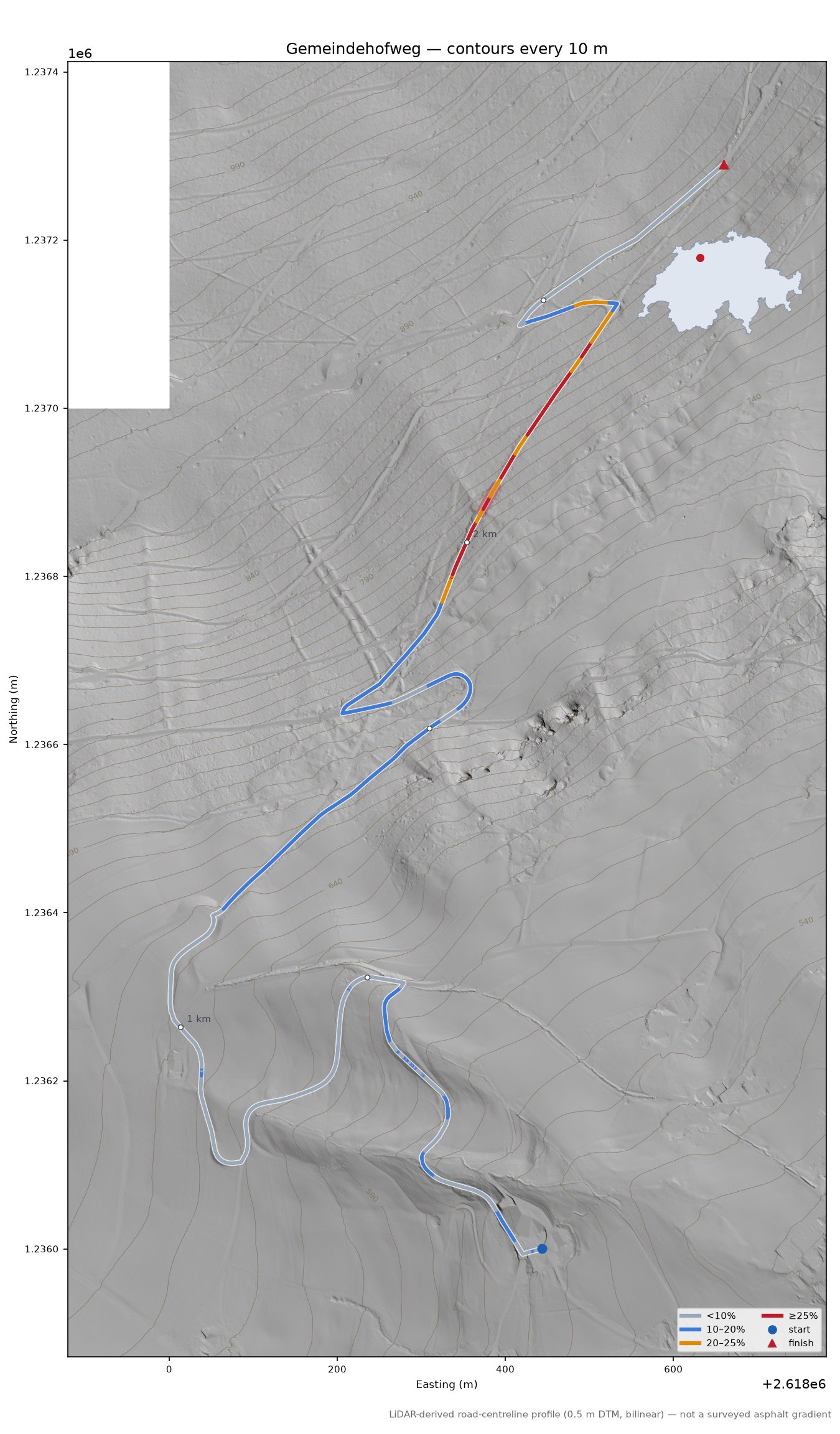 Gemeindehofweg LiDAR hillshade map with contours