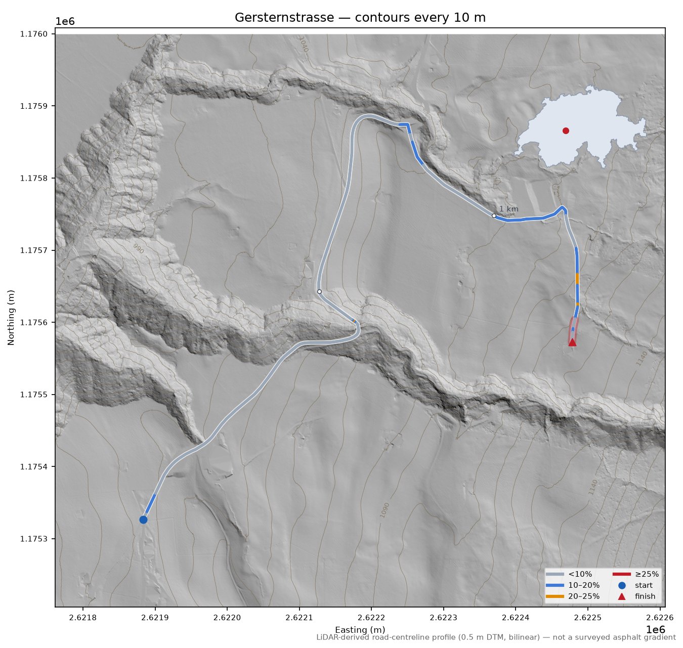 Gersternstrasse LiDAR hillshade map with contours