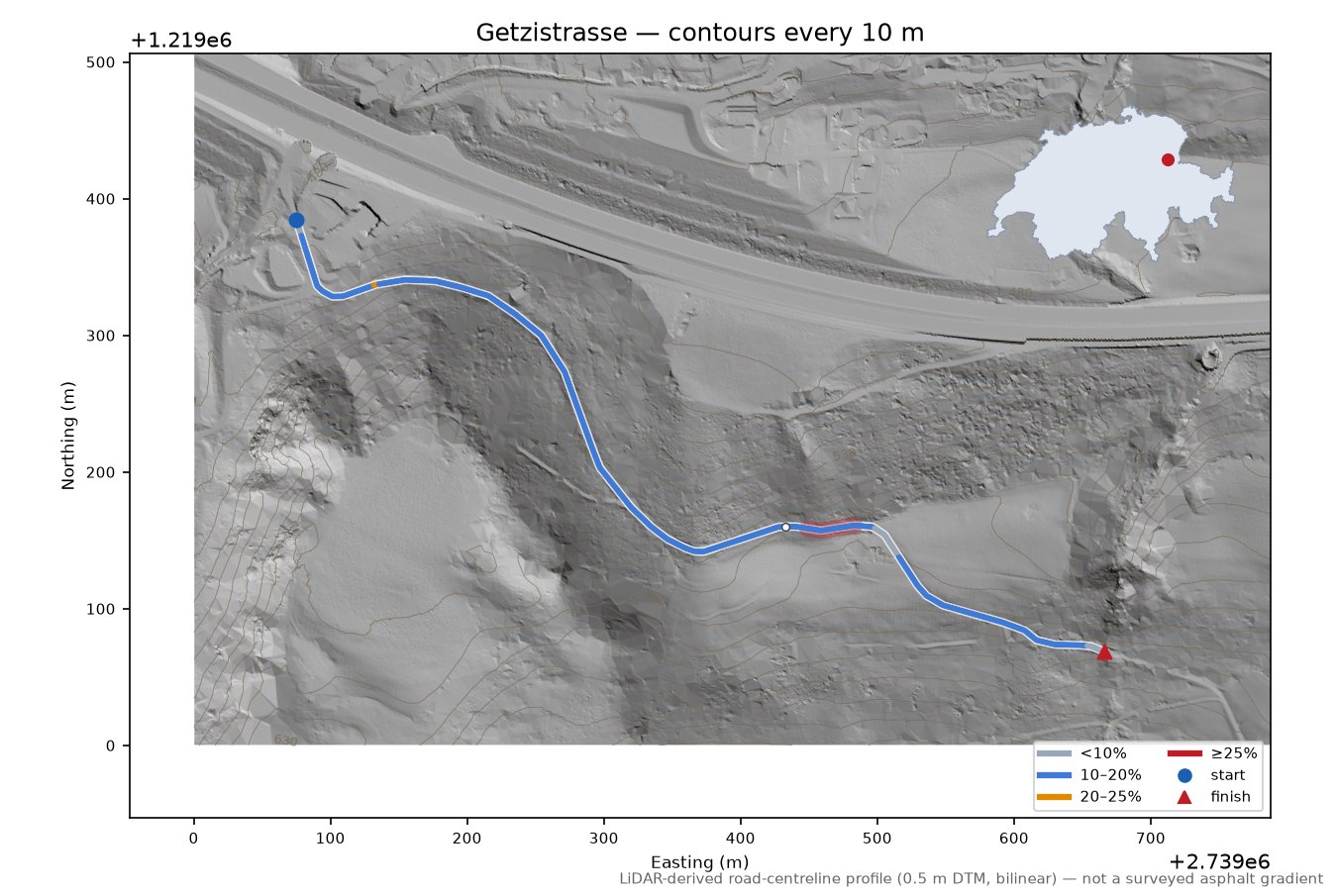 Getzistrasse LiDAR hillshade map with contours