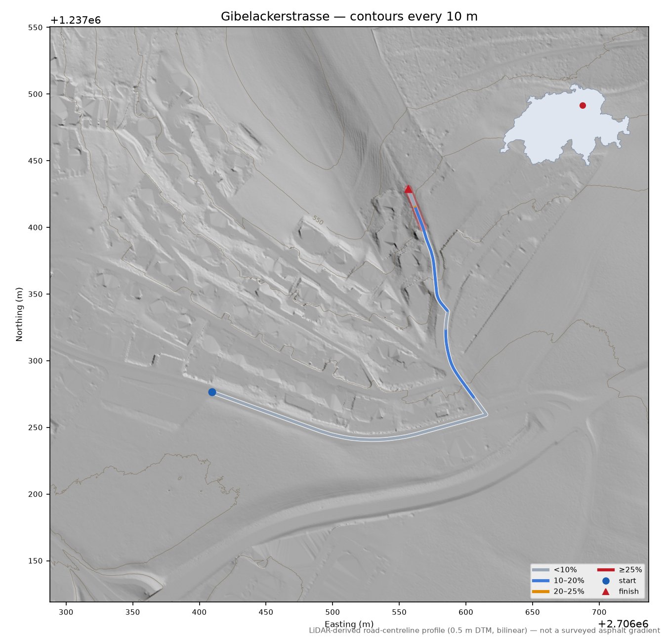Gibelackerstrasse LiDAR hillshade map with contours