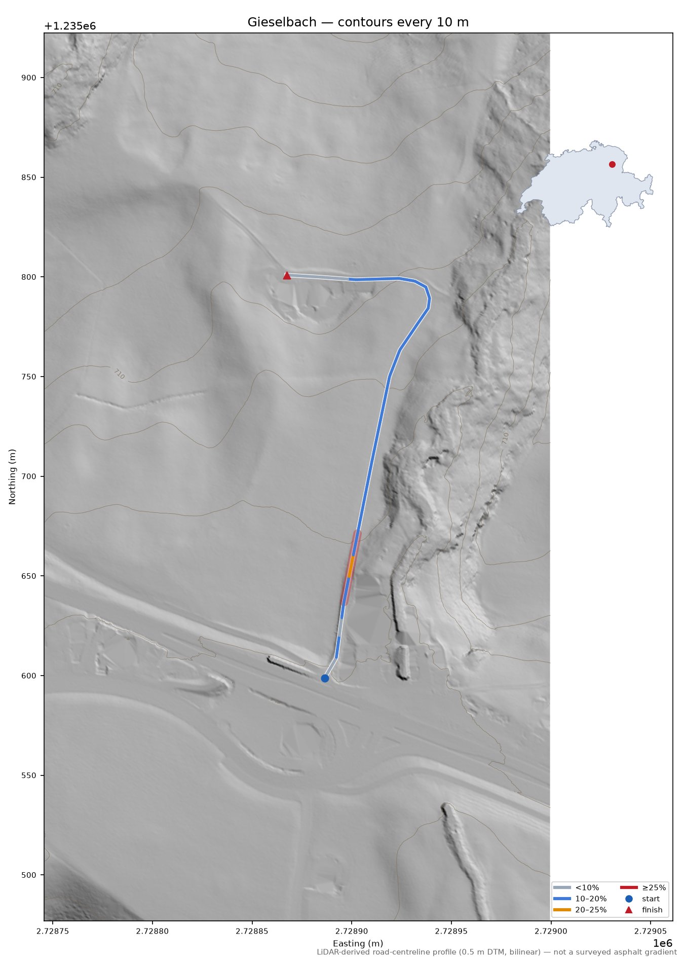 Gieselbach LiDAR hillshade map with contours