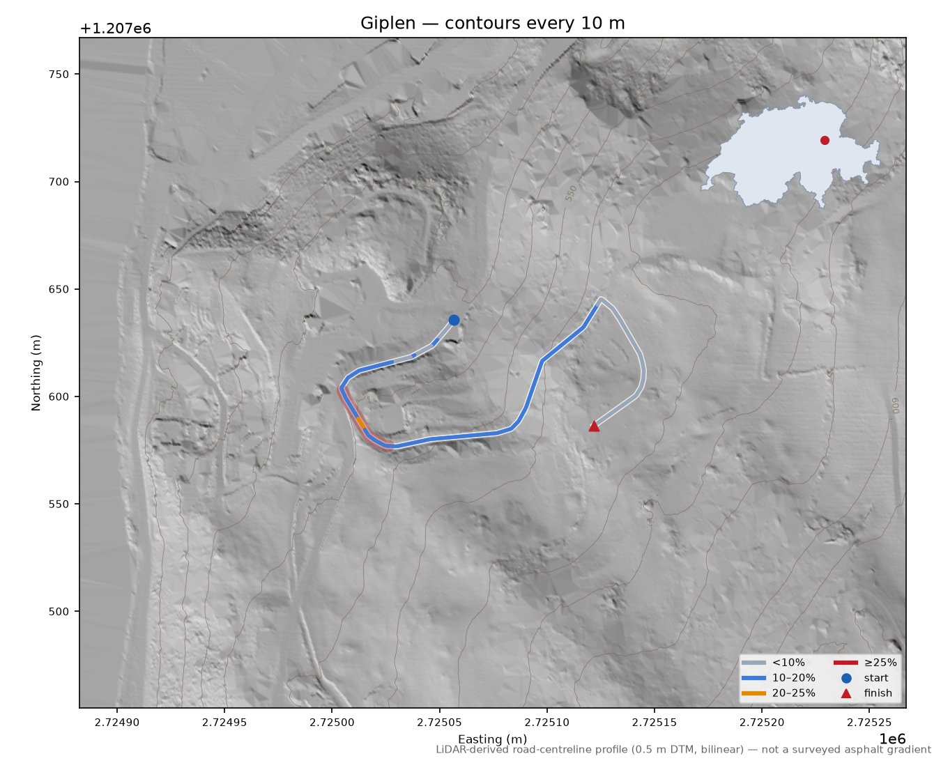 Giplen LiDAR hillshade map with contours