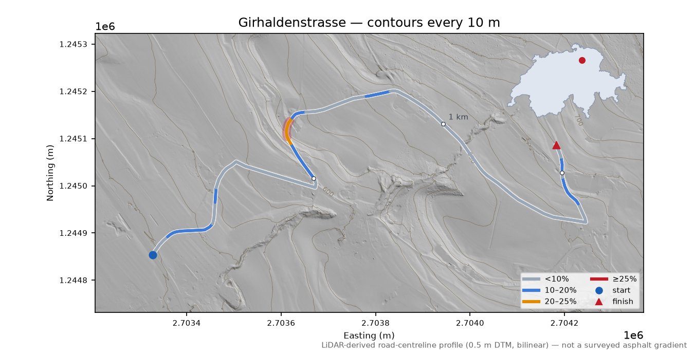 Girhaldenstrasse LiDAR hillshade map with contours