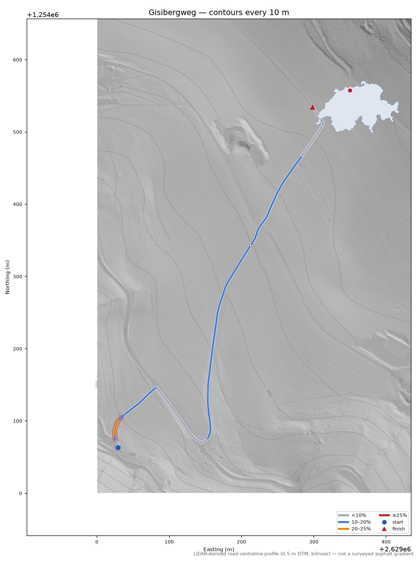 Gisibergweg LiDAR hillshade map with contours