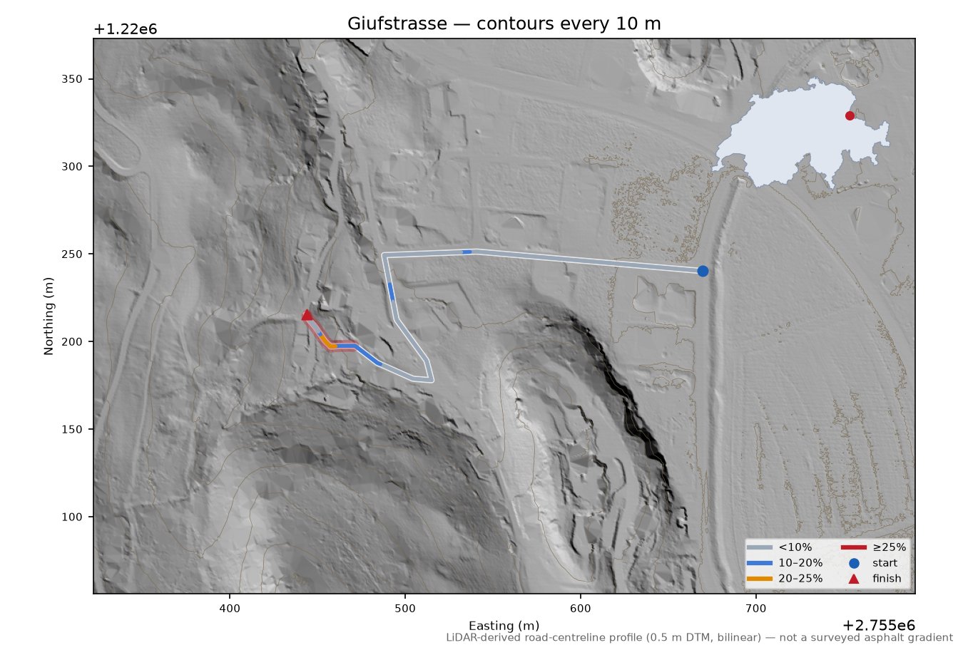 Giufstrasse LiDAR hillshade map with contours