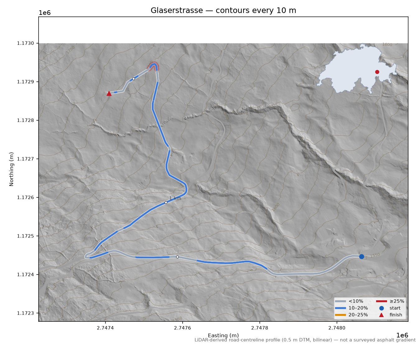 Glaserstrasse LiDAR hillshade map with contours