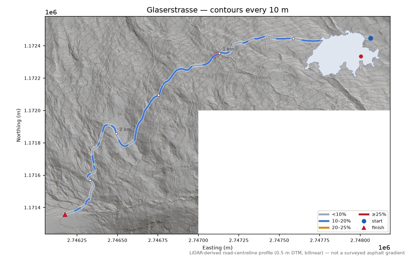 Glaserstrasse LiDAR hillshade map with contours