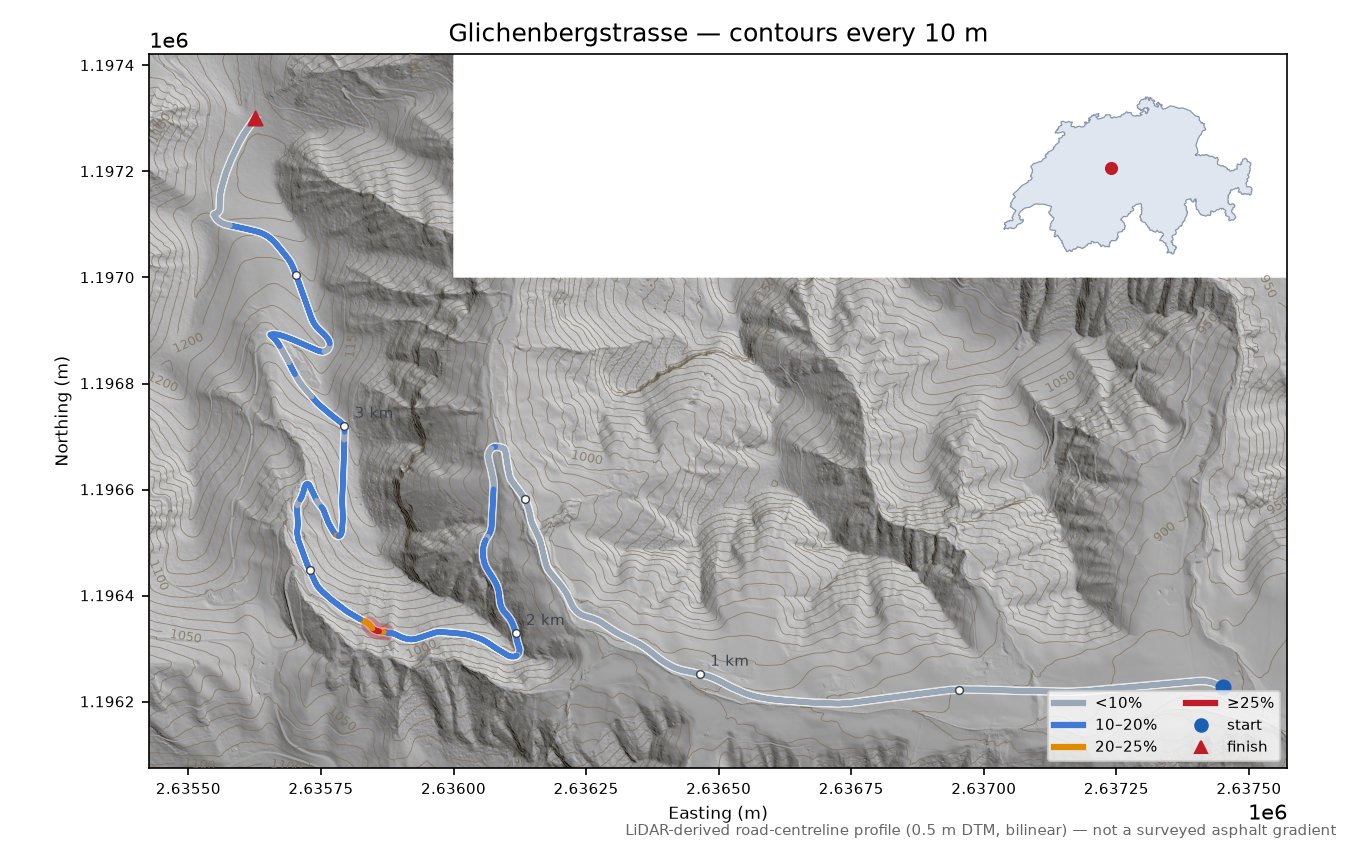 Glichenbergstrasse LiDAR hillshade map with contours