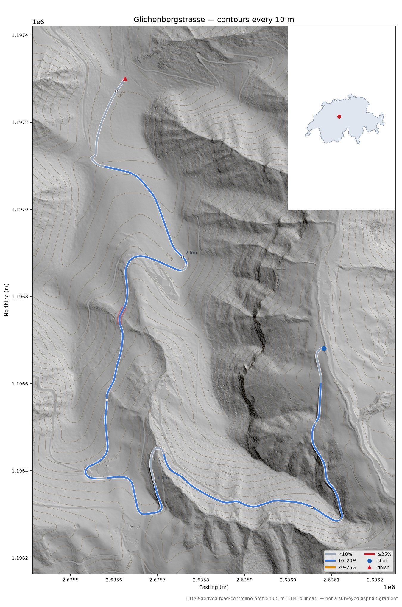 Glichenbergstrasse LiDAR hillshade map with contours