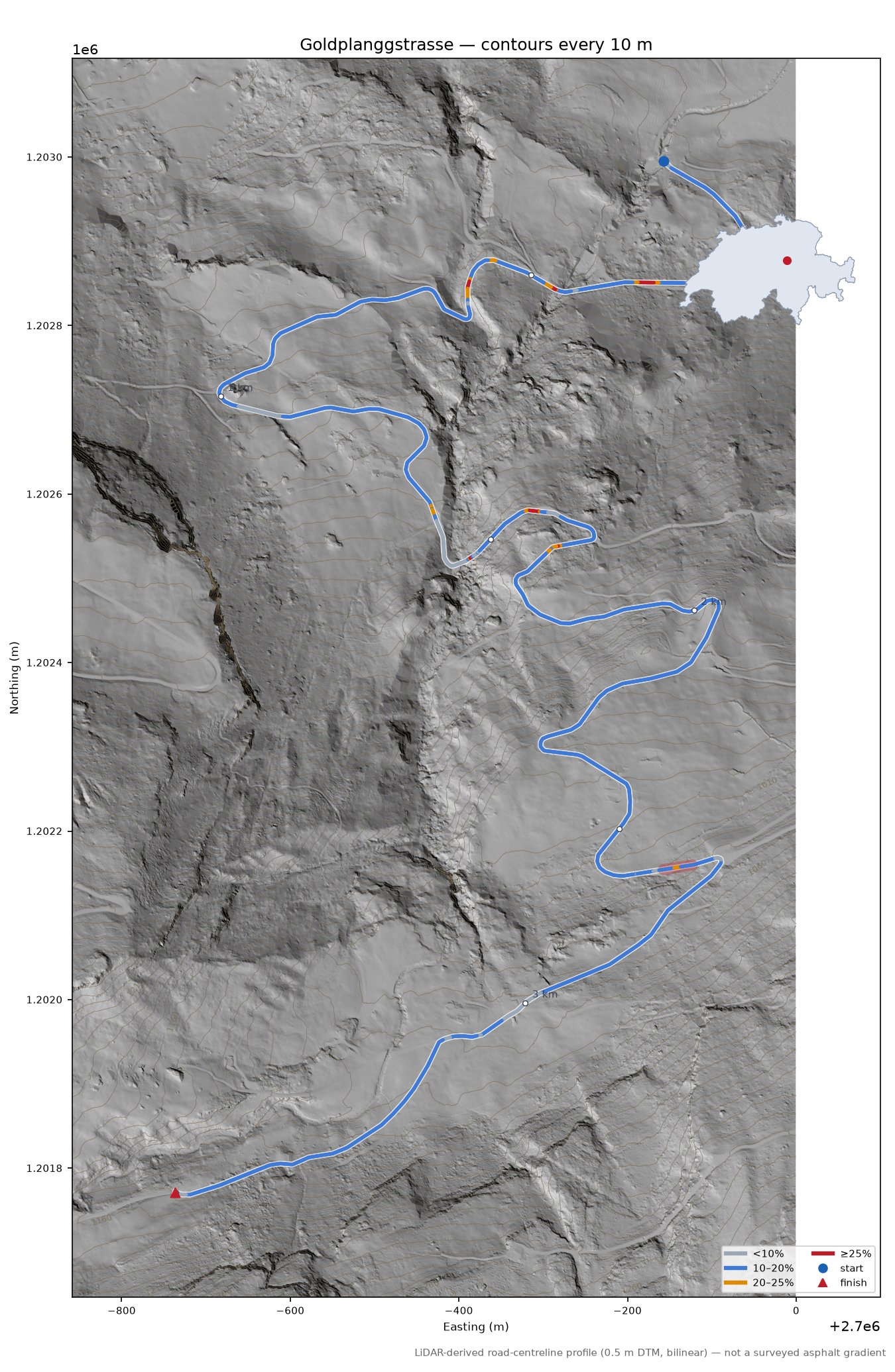 Goldplanggstrasse LiDAR hillshade map with contours