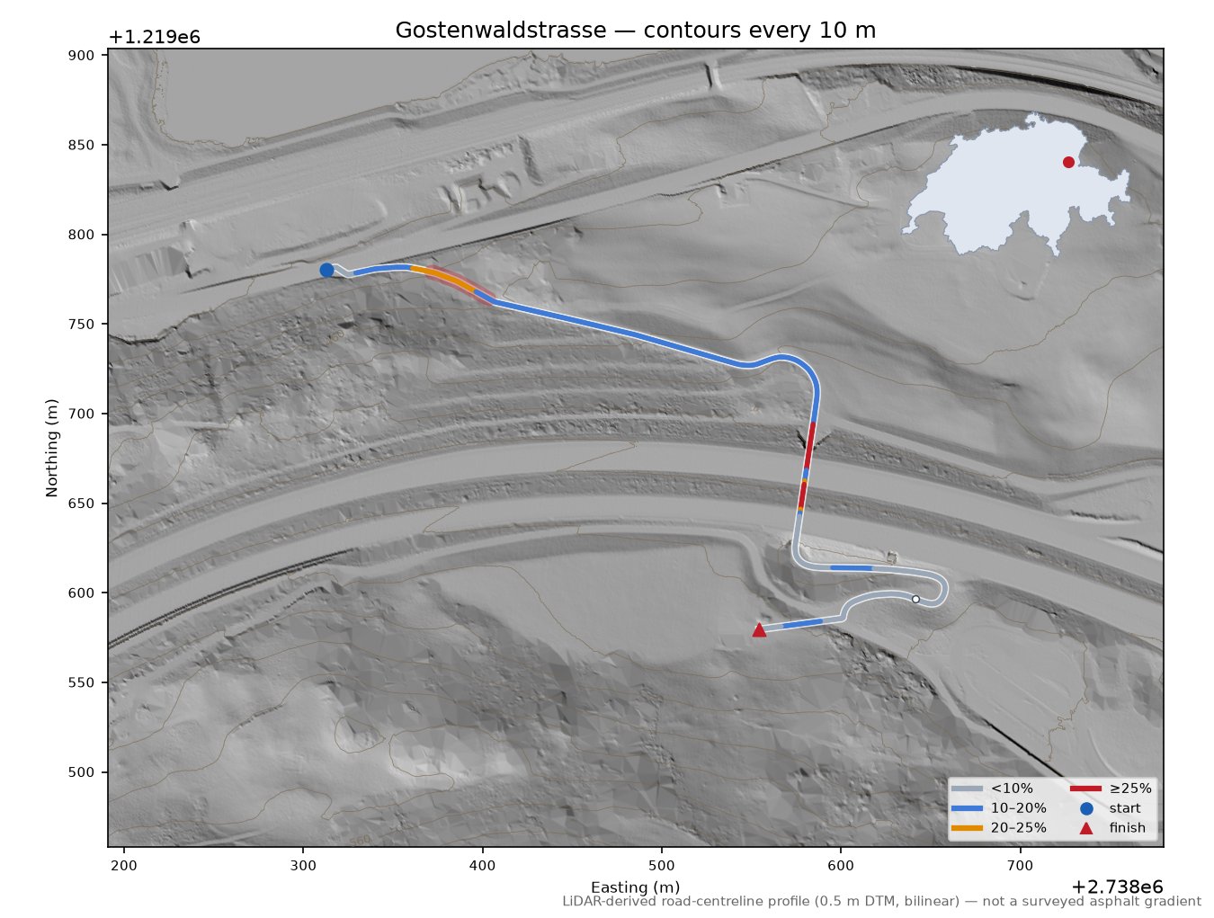 Gostenwaldstrasse LiDAR hillshade map with contours
