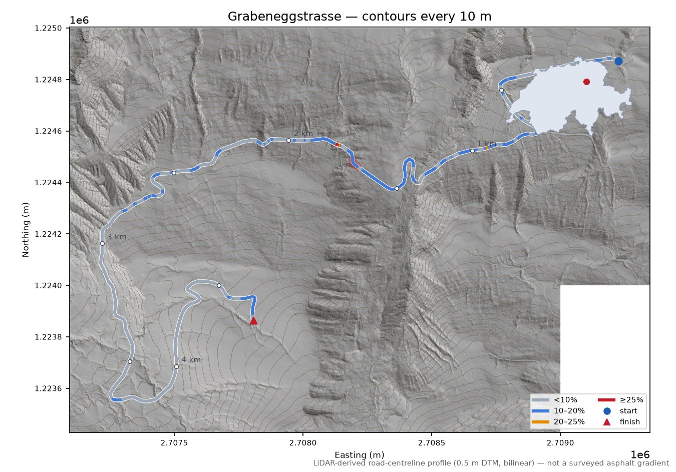 Grabeneggstrasse LiDAR hillshade map with contours